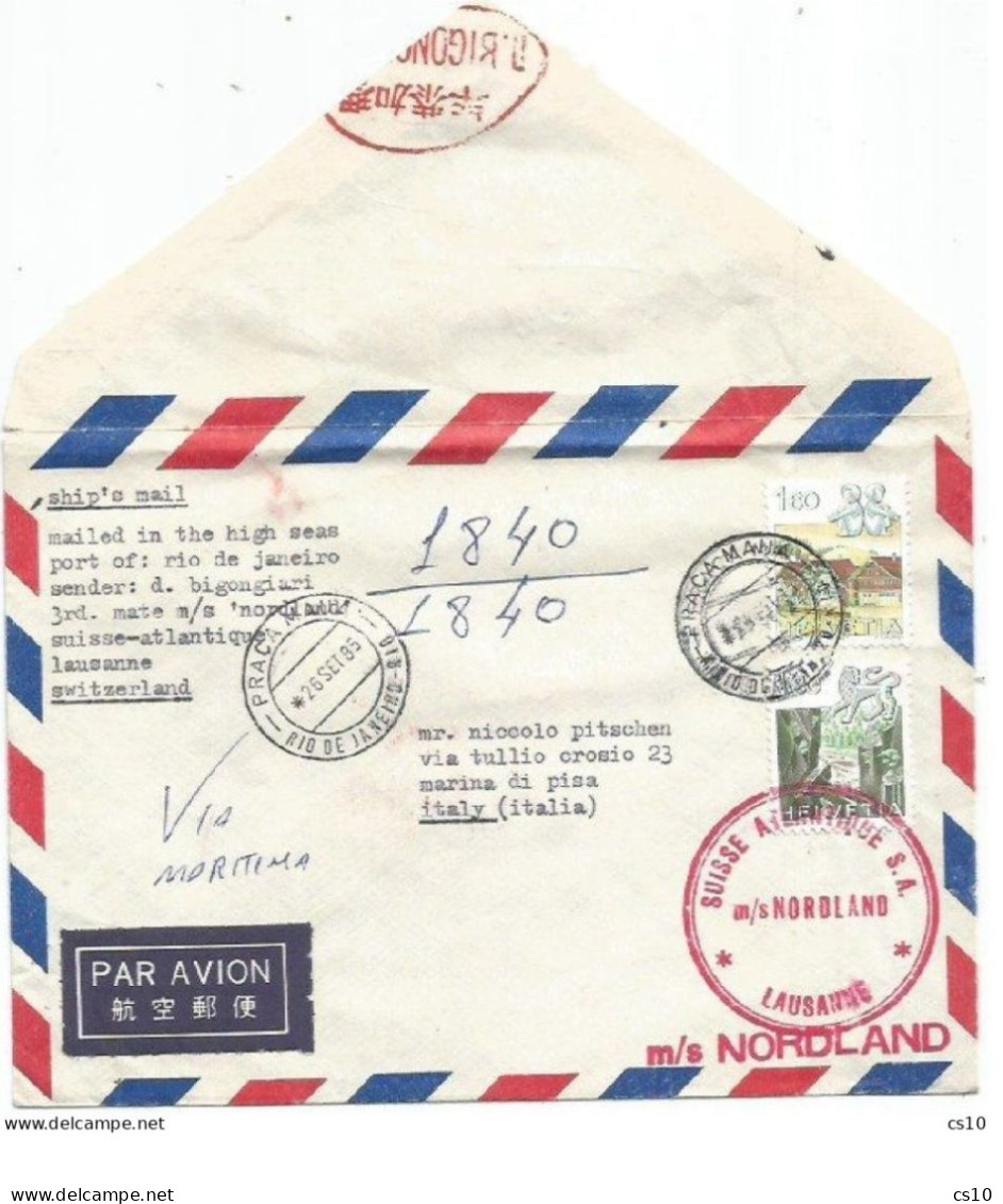 Suisse Atlantique M/S Nordland Seamail Shipmail Airmail CV Rio Brasil 26sep1985 X Italy With 2 Stamps PMK Brazil !!!!!!! - Lettres & Documents