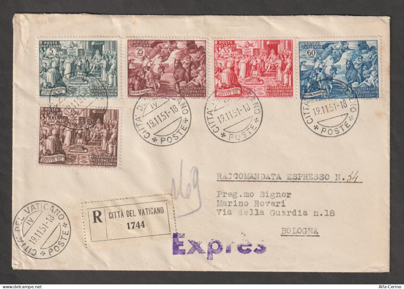 VATICANO:  1951  CALCEDONIA  -  S. CPL. 5  VAL. SU  BUSTA  RACC. ESPRESSO  -  ANNULLO  19.11.51  -  SASS. 149/53  -  SPL - Storia Postale