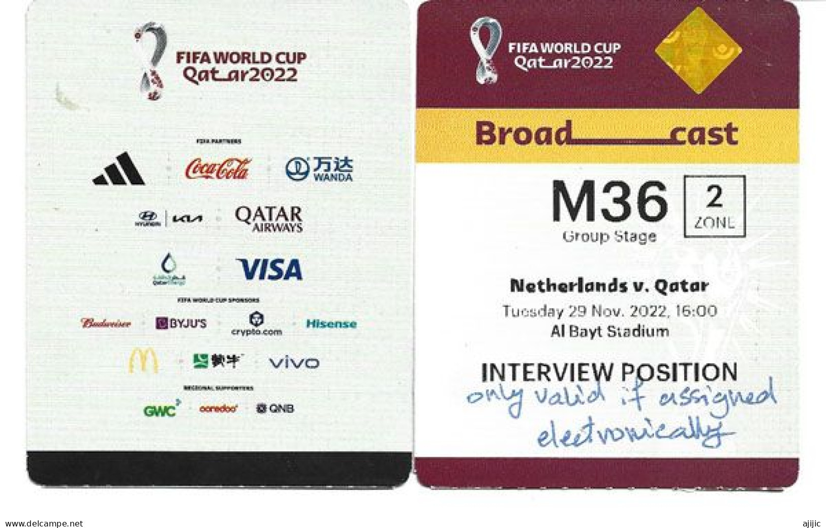 FIFA WORLD CUP QATAR 2022.MATCH NETHERLANDS V QATAR. BROADCAST ACCREDITATION AL BAYT STADIUM - Tickets - Entradas