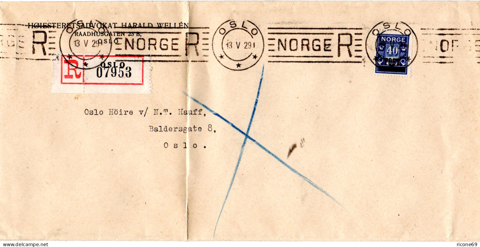 Norwegen 1929, Gute EF 40 öre POST Überdruck Auf Geschäfts-Reko Brief M. Oslo-R - Lettres & Documents