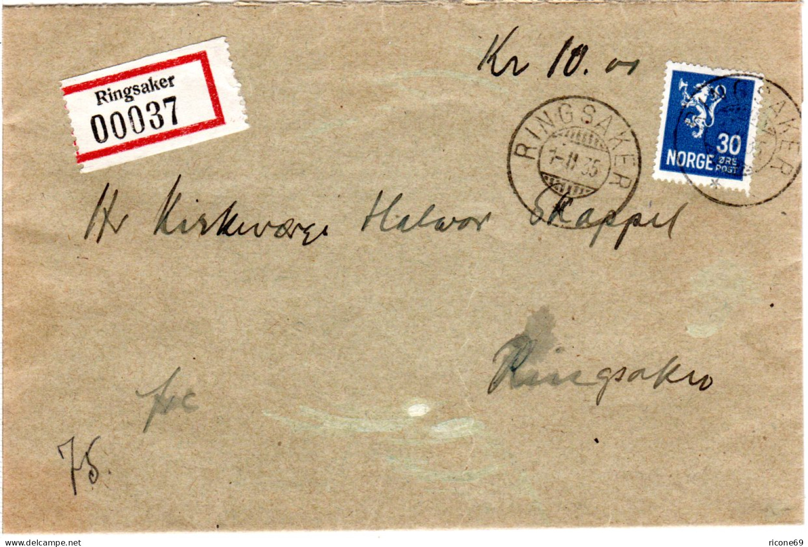 Norwegen 1935, EF 30 öre Auf Orts Wert-Brief V. Ringsaker - Cartas & Documentos