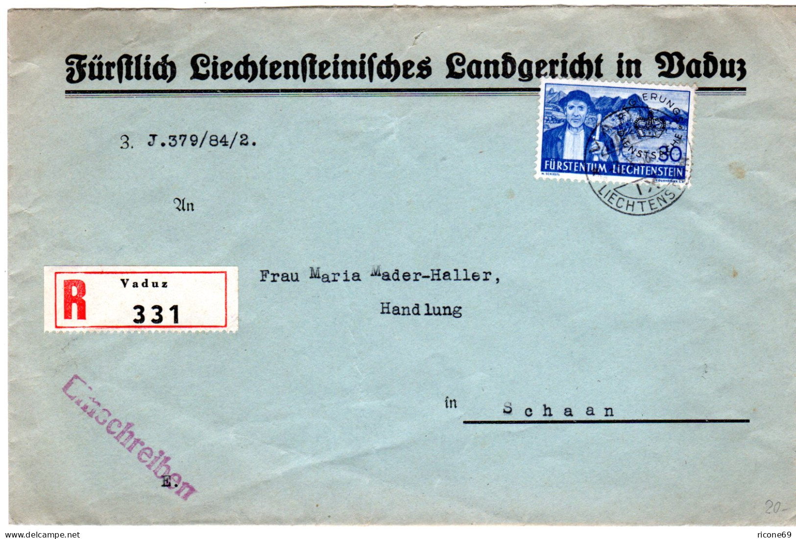 Liechtenstein 1938, EF 30 Rp. Dienst Auf Einschreiben Brief V.Vaduz N. Schaan. - Storia Postale