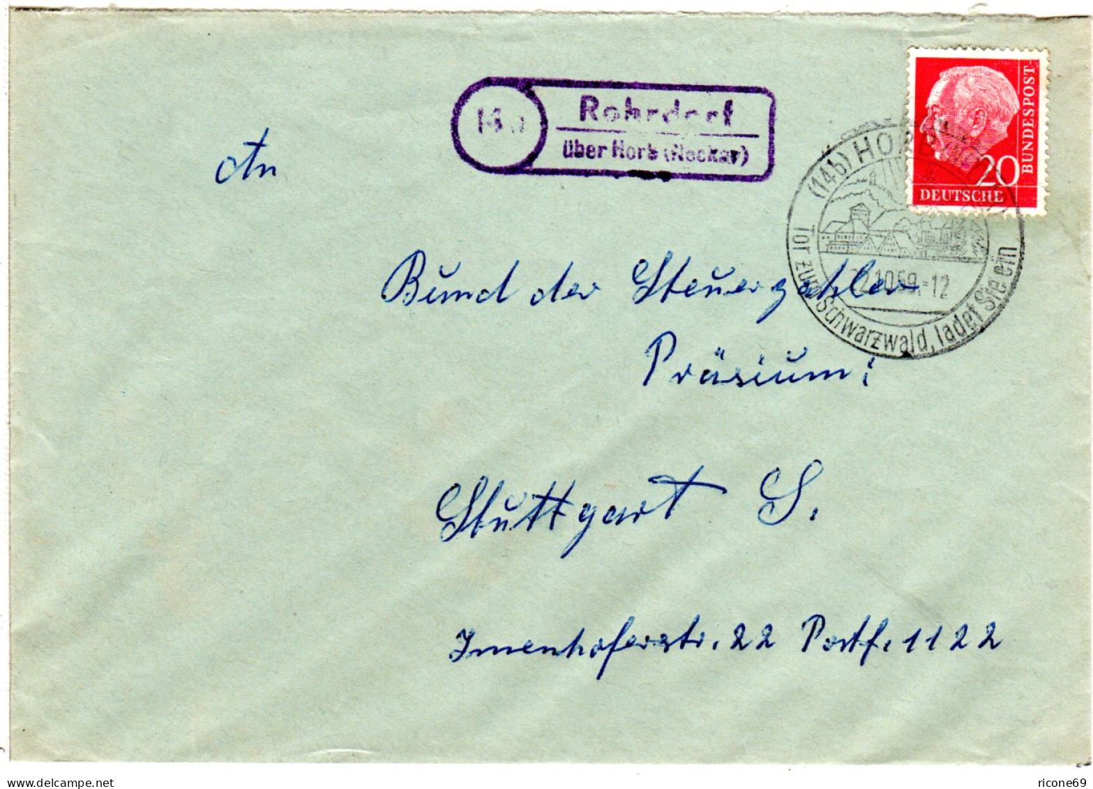 BRD 1959, Landpoststempel ROHRDORF über Horb Auf Brief M. 20 Pf. - Sammlungen