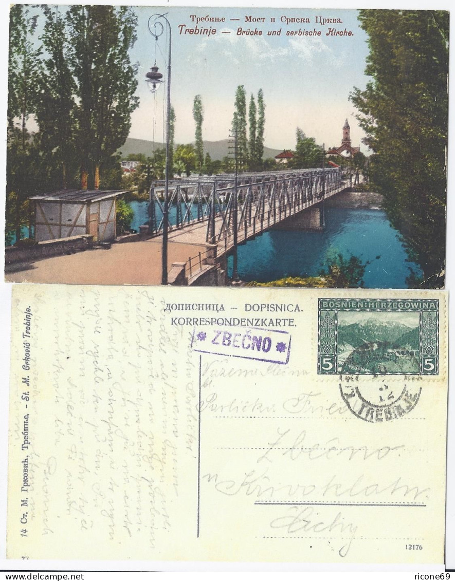 Bosnien Herzegowina 1912, ZBECNO, Blauer R1 Klar Auf AK V. Trebinje. #2173 - Bosnia Herzegovina