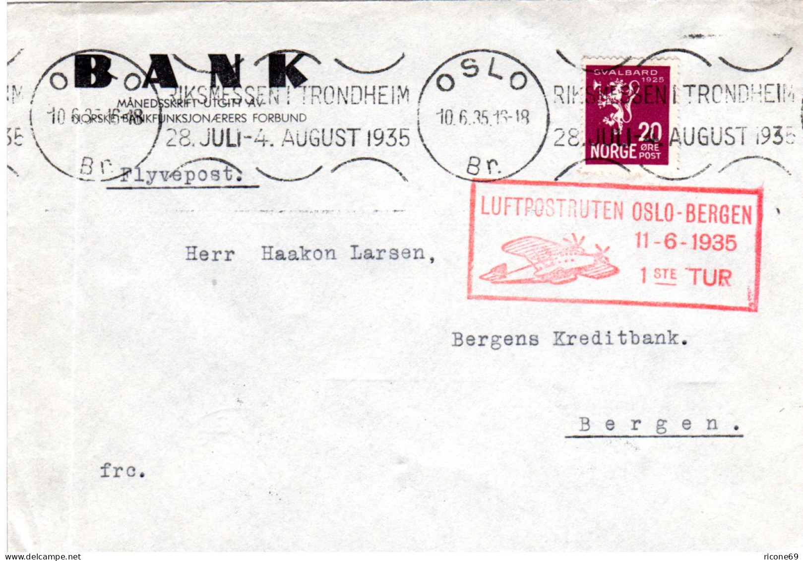 Norwegen 1935, 20 öre Svalbard Auf Bedarfs Luftpost Brief V. Oslo N. Bergen - Cartas & Documentos