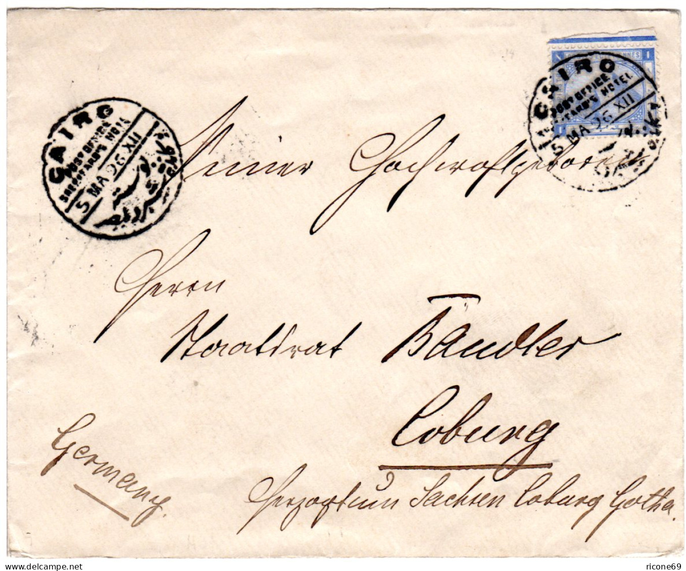 Ägypten 1896, 1 Pia. Auf Brief N. Bayern M. Stpl. Shepphard's Hotel Cairo - Autres - Afrique