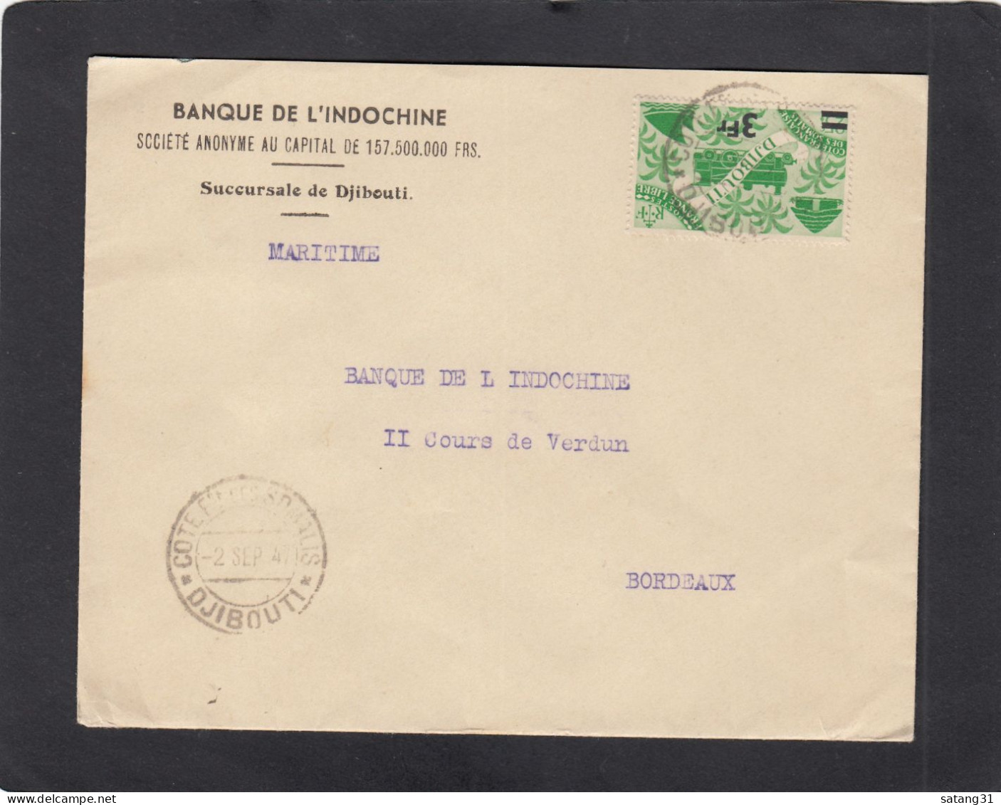 BANQUE D'INDOCHINE,SUCCURSALE DE DJIBOUTI.LETTRE POUR BORDEAUX,1947. - Briefe U. Dokumente