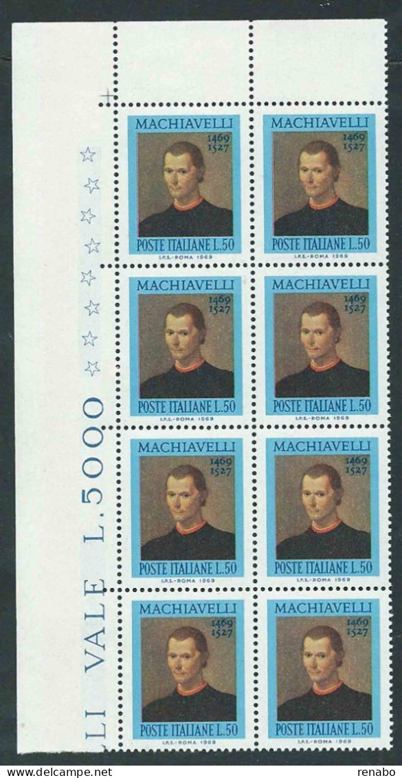 Italia 1969; Nicolò Machiavelli, Storico, Filosofo, Scrittore, Politico; Blocco D' Angolo Di 8 Valori = 2 Quartine. - 1961-70: Mint/hinged