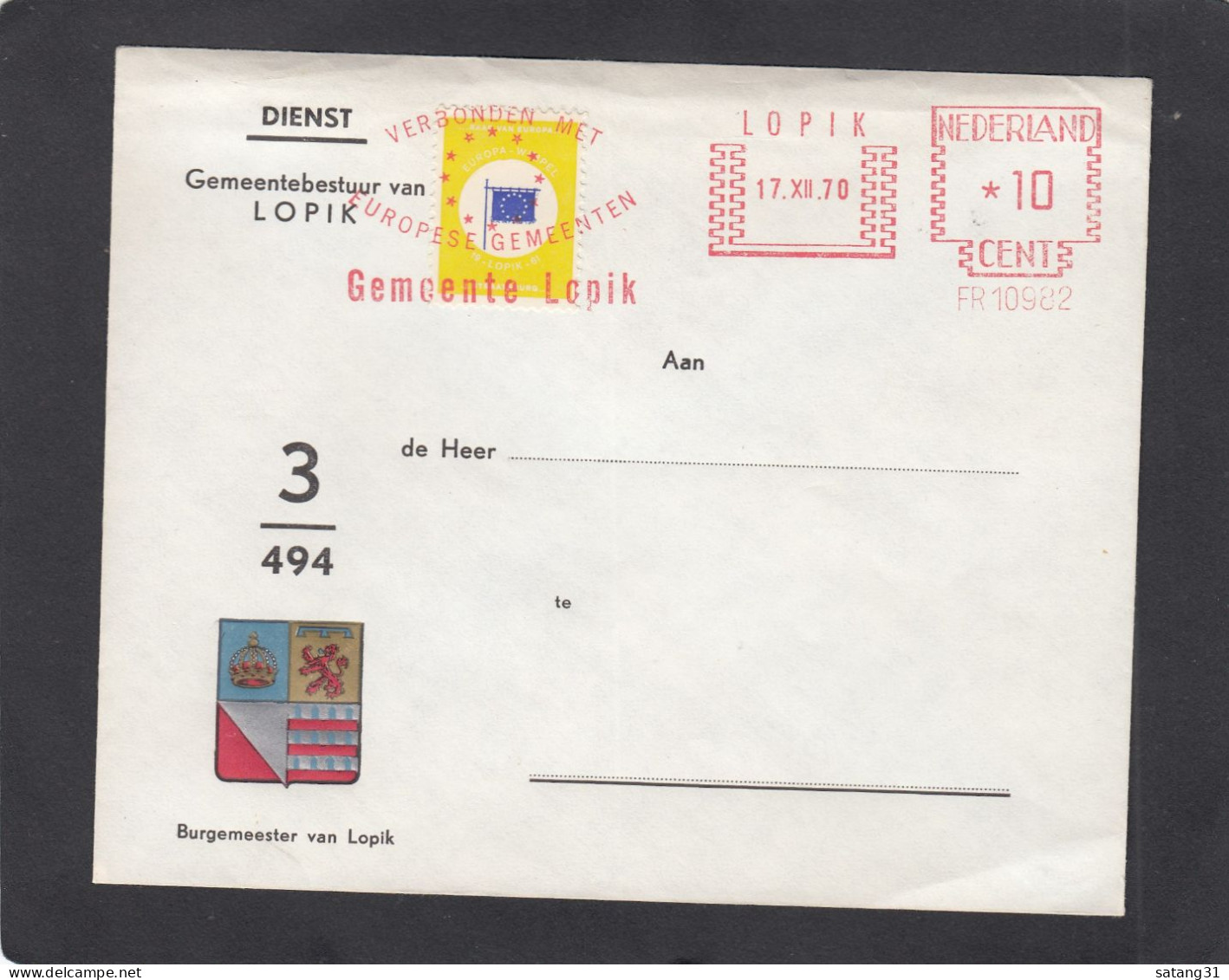 LETTRE AVEC EMA ET VIGNETTE "GEMEENTESESTUR VAN LOPIK", 1970. - Macchine Per Obliterare (EMA)