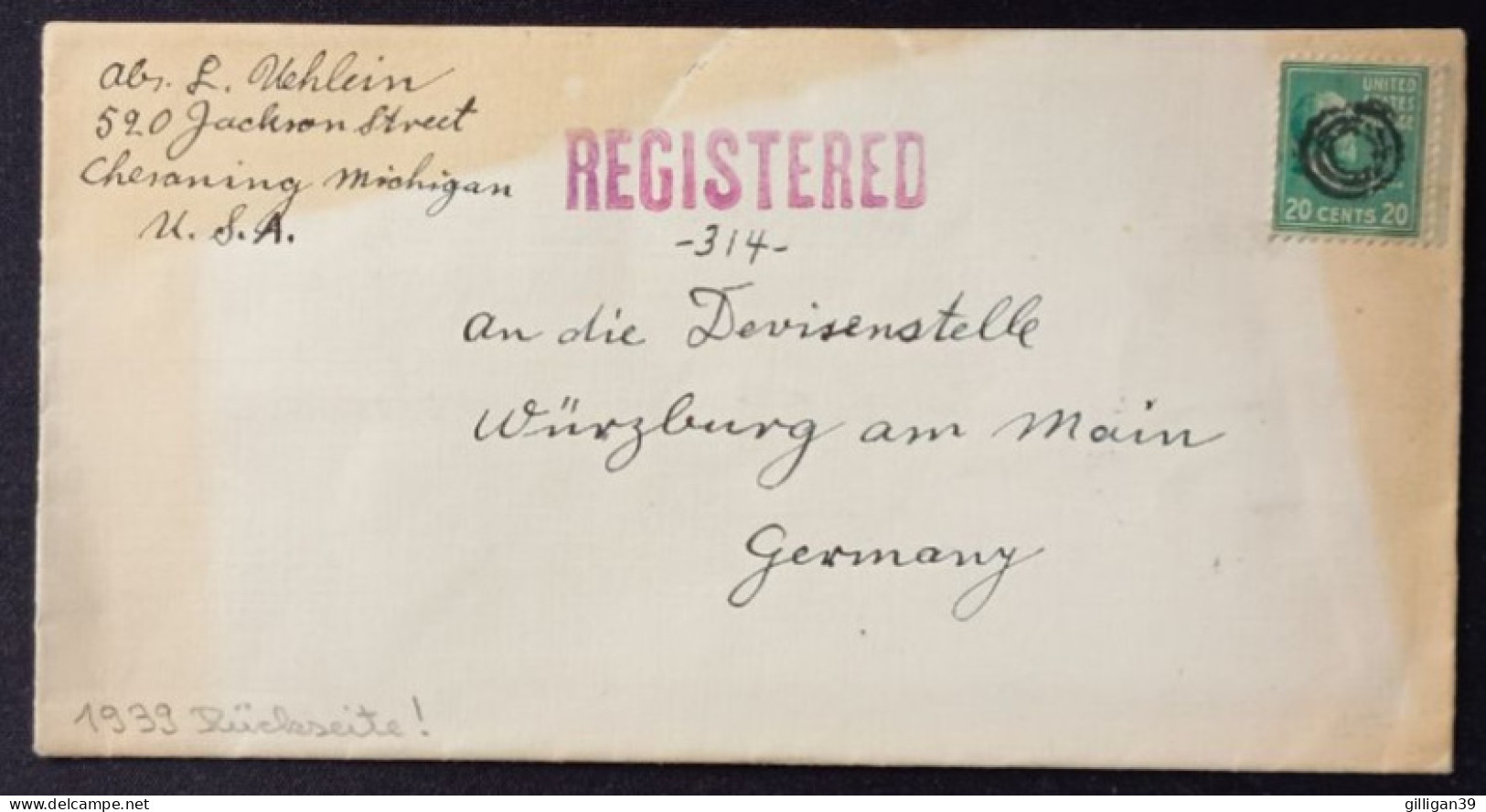 USA Registered Letter, Von Chesaning über New York Nach Würzburg, Viele Stempel, 1939 - Cartas & Documentos