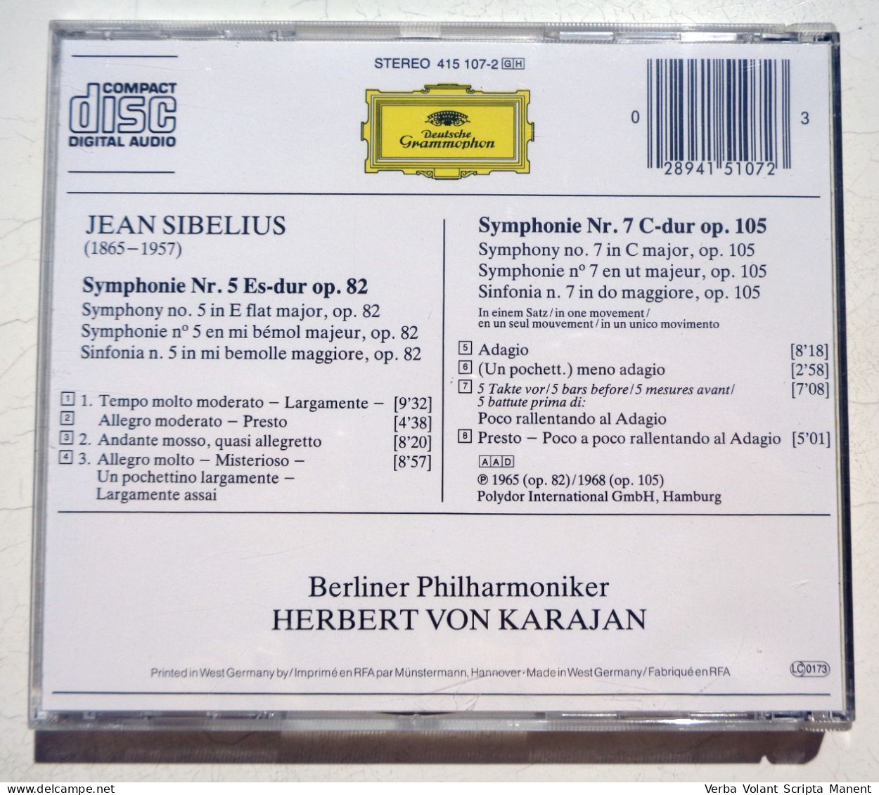 Q-1005 * SIBELIUS - SYMPHONIEN NOS. 5 & 7 - BERLINER PHILHARMONIKER, VON KARAJAN - DEUTSCHE GRAMMOPHON, 4151072 - Clásica