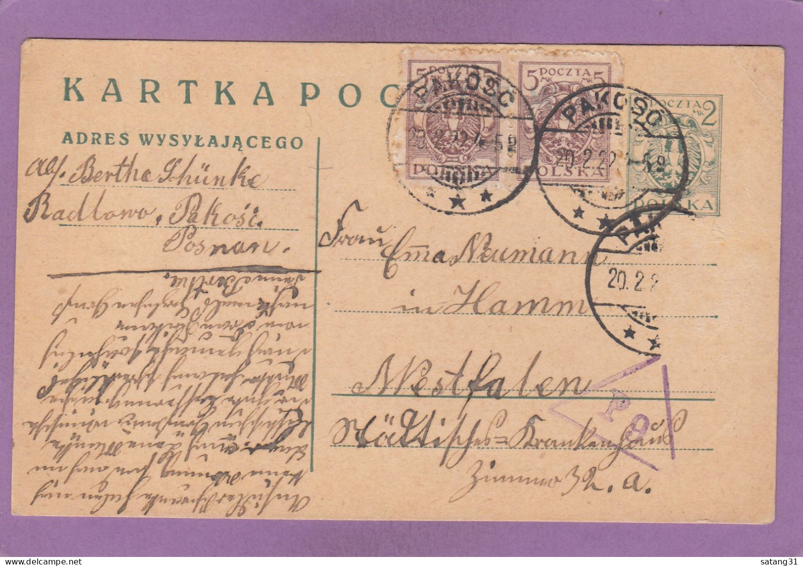 GANZSACHE MIT ZUSATZFRANKATUR AUS PAKOSC NACH DEUTSCHLAND,1922. - Stamped Stationery