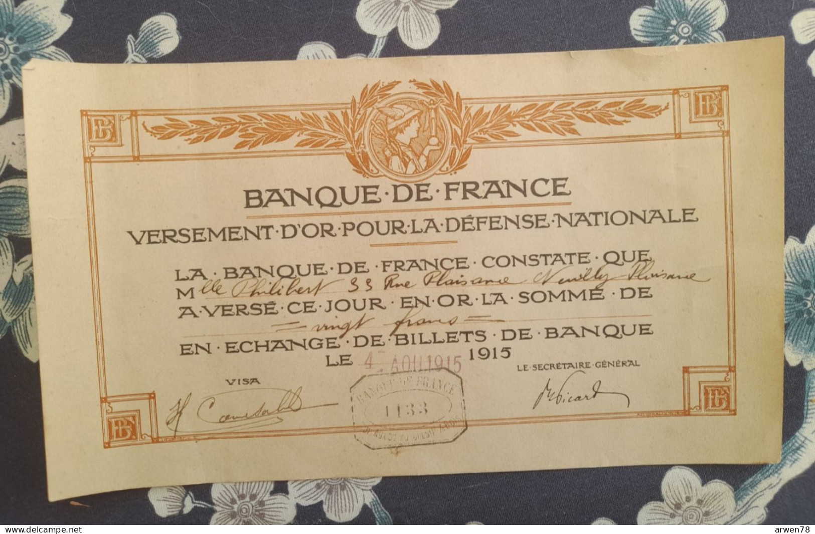 BANQUE DE FRANCE VERSEMENT D'OR POUR LA DEFENSE NATIONALE 20 FRANCS NEUILLY PLAISANCE 1915 - Non Classés