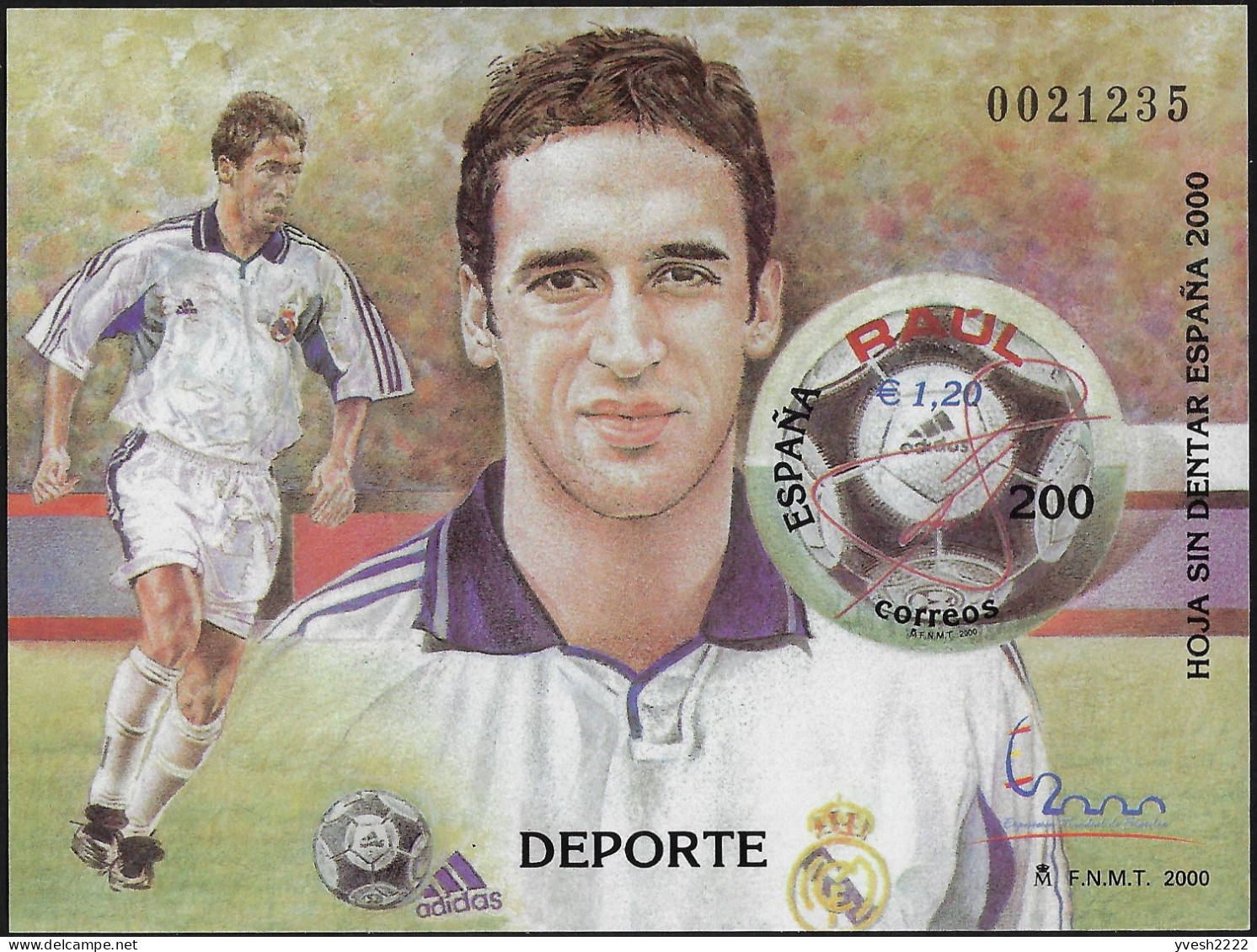 Espagne 2000 Y&T BF 90 Non Dentelé Sports, Football. Raúl - Lettres & Documents