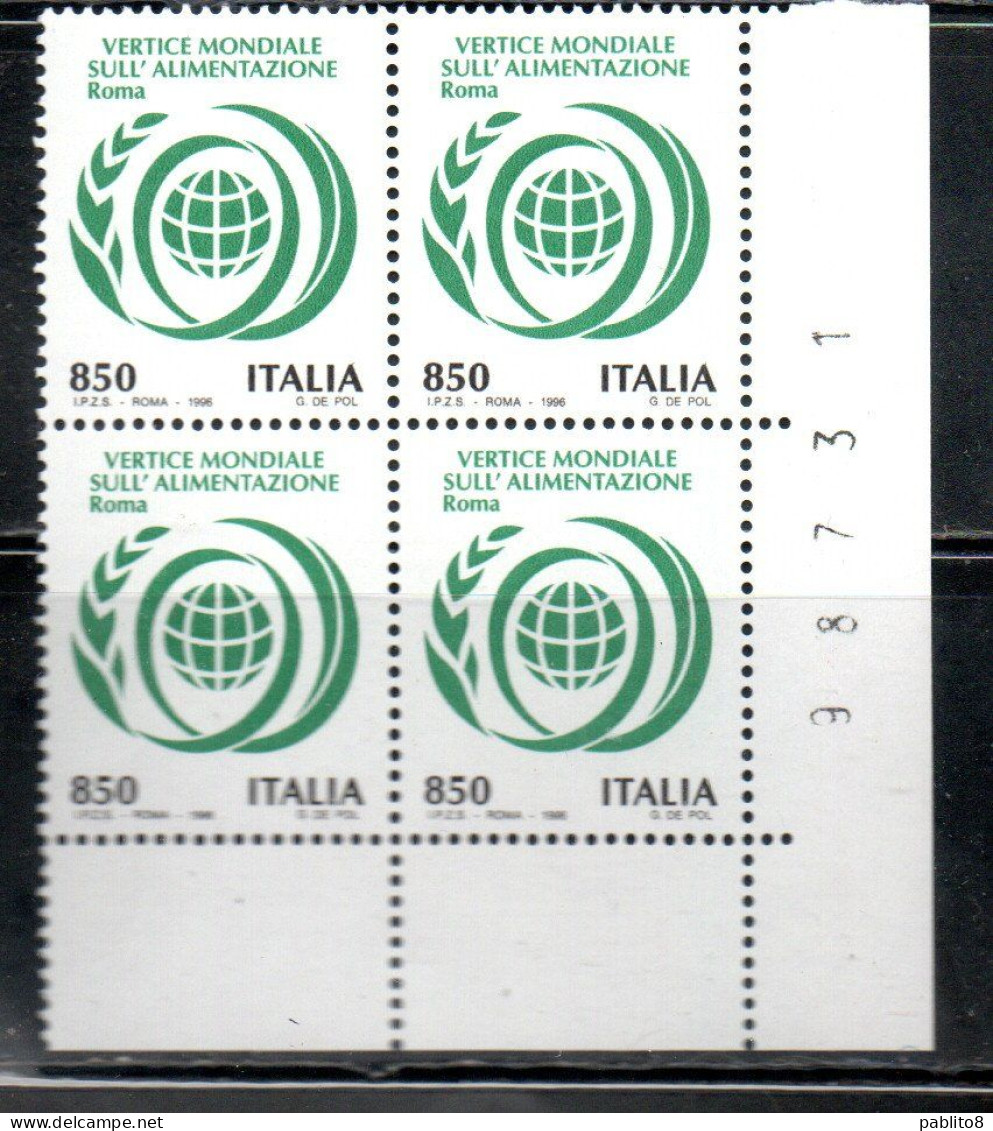 ITALIA REPUBBLICA ITALY REPUBLIC 1996 VERTICE MONDIALE SULL'ALIMENTAZIONE A ROMA FEEDING QUARTINA ANGOLO DI FOGLIO MNH - 1991-00: Neufs