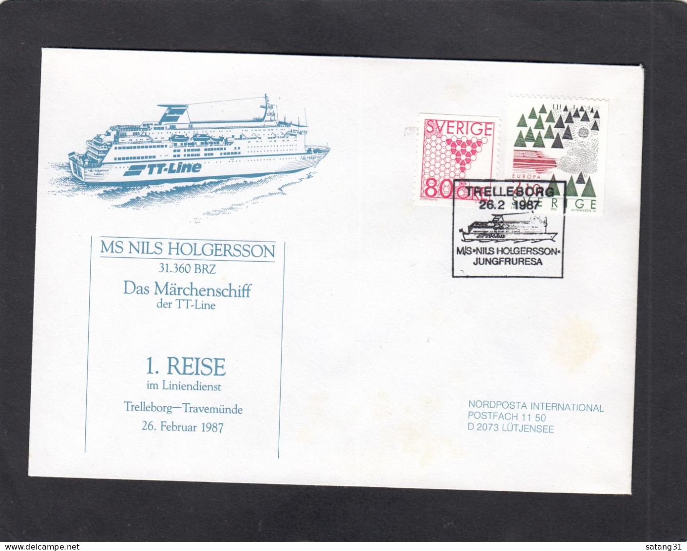 DEUTSCHE SCHIFFSPOST,TRELLEBORG - TRAVEMUNDE,MS NILS HOLGERSSON.26-2-1987. - Covers & Documents