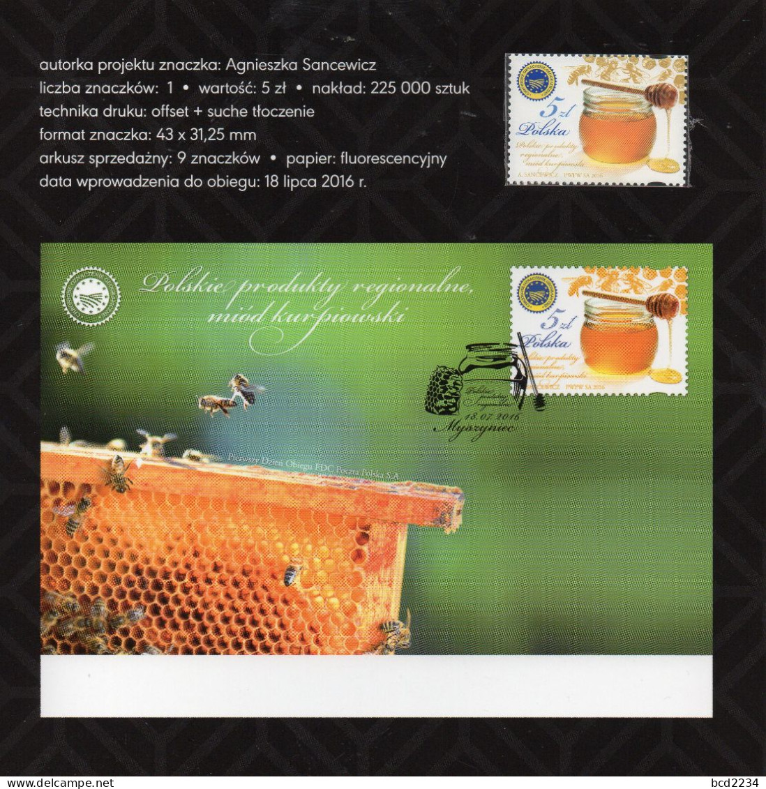 POLAND 2016 POLISH POST OFFICE SPECIAL LIMITED EDITION FOLDER: POLISH REGIONAL PRODUCTS KURPIOWSKI HONEY BEES FOOD - Levensmiddelen