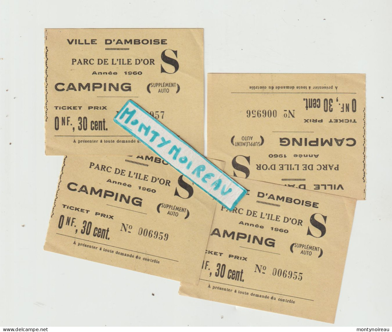 VP : Ticket : Indre Et Loire :  AMBOISE  : Lot De  4 : Parc De L ' Ile D ' Or  1960, Camping ( Jaune ) - Tickets - Vouchers