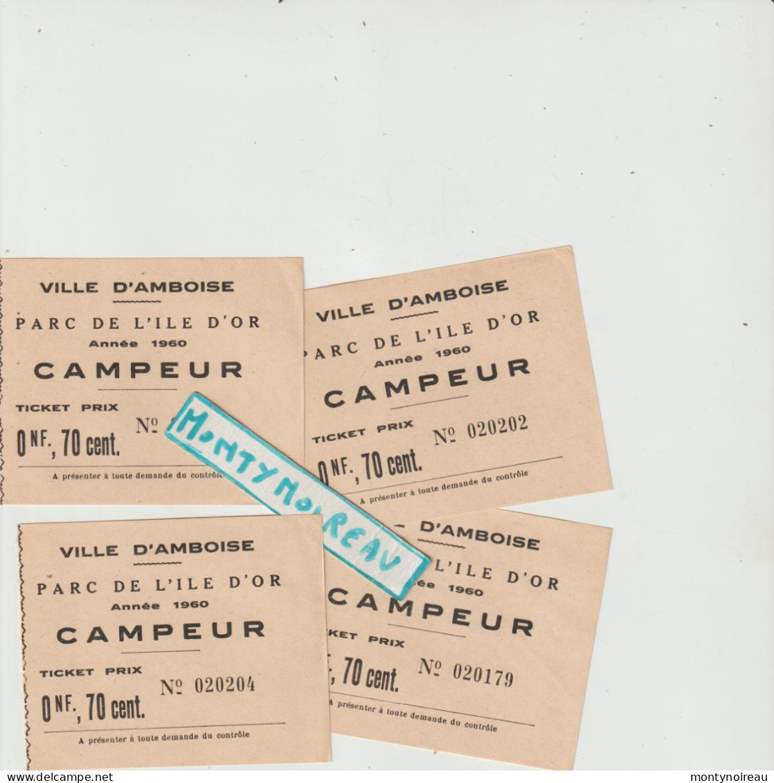 VP : Ticket : Indre Et Loire :  AMBOISE  : Lot De  4 : Parc De L ' Ile D ' Or  1960, Camping ( Crème   ) - Tickets - Vouchers