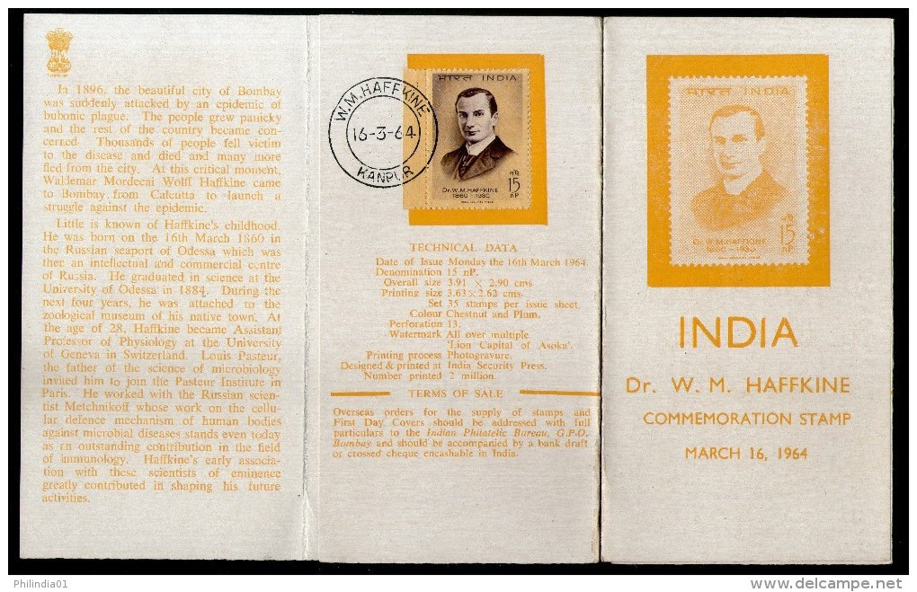 India 1964 W.M. Haffkine Microbiologist Anti-Cholera Vaccin Cancelled Folder - Médecine