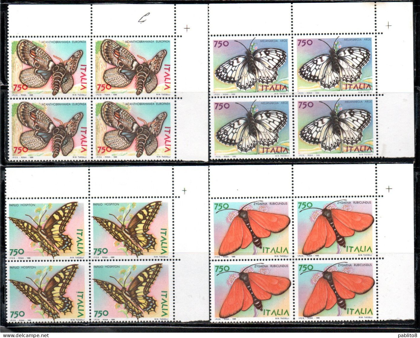 ITALIA REPUBBLICA ITALY REPUBLIC 1996 FARFALLE BUTTERFLIES SERIE COMPLETA COMPLETE SET QUARTINA ANGOLO DI FOGLIO MNH - 1991-00: Neufs