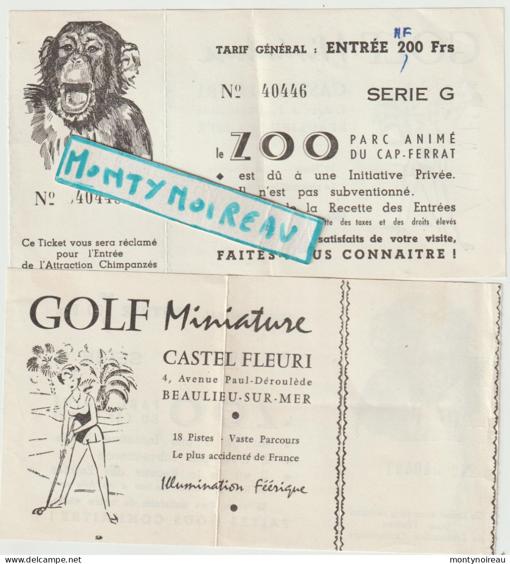 VP : Ticket : BEAULIEU Sur Mer :  Zoo , Golf  ,lot De  Deux - Tickets - Entradas