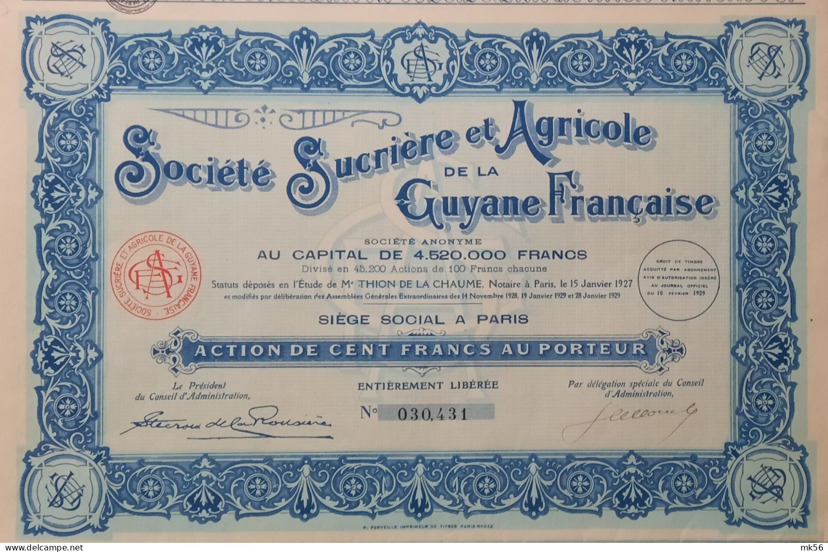 Société Sucrière & Agricole De La Guyane Française - Paris - 1929 - Action De 100 Francs - Agricoltura