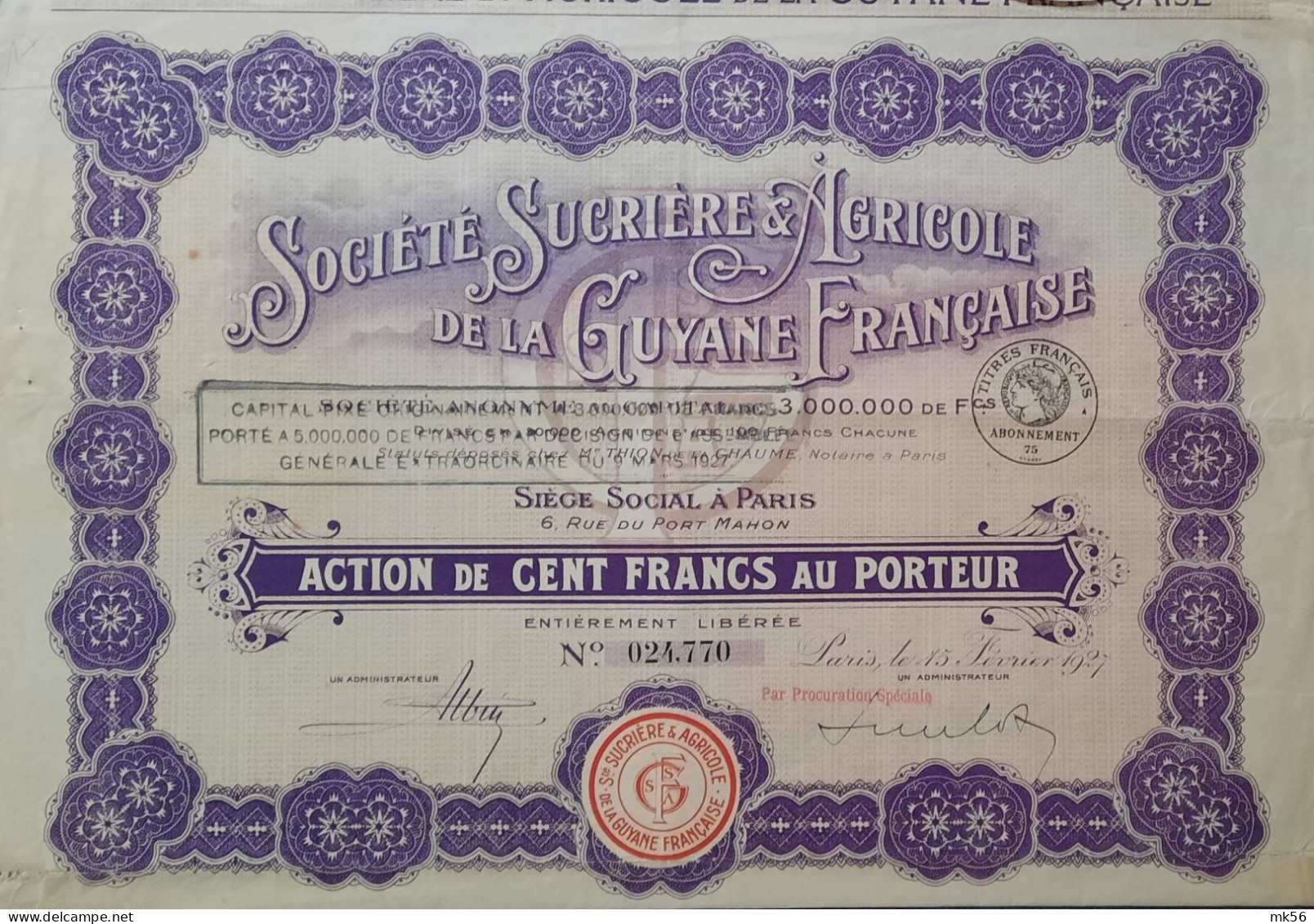 Société Sucrière & Agricole De La Guyane Française - Paris - 1927 - Action De 100 Francs - Landbouw