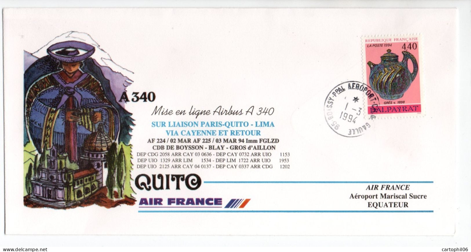 - PREMIER VOL AIRBUS A 340 - LIAISON PARIS - QUITO - LIMA Via CAYENNE 1.3.1994 - Aéroport Mariscal Sucre - - Primeros Vuelos