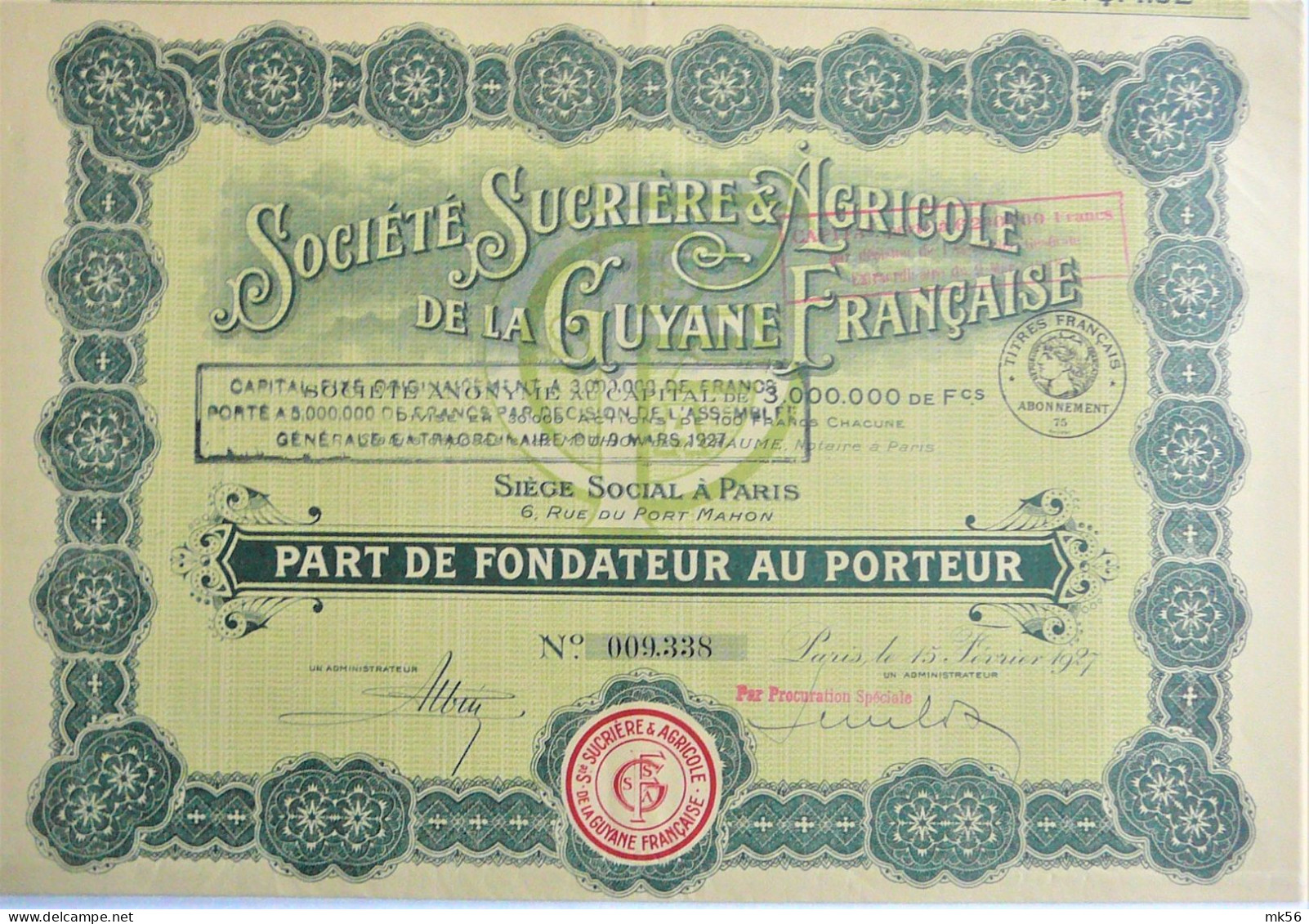 Société  Sucrière & Agricole De La Guyane Française - Part De Fondateur Au Porteur (1927) - Landwirtschaft