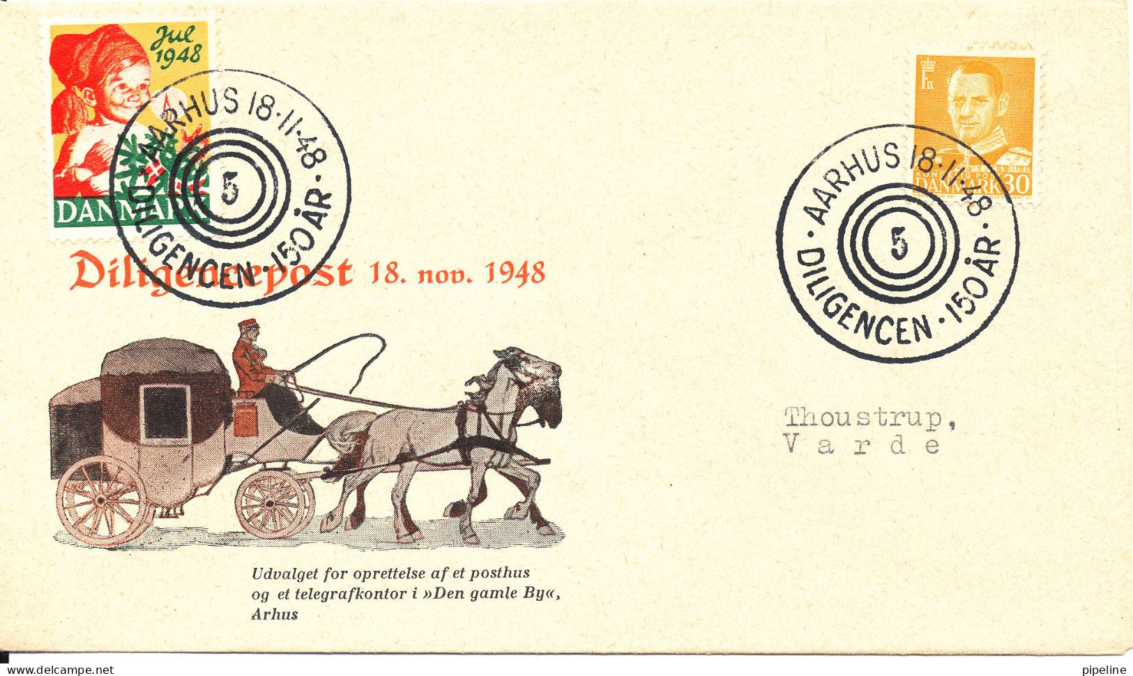 Denmark Cover Diligencepost For 150 Years Aarhus 18-11-1948 With Cachet And Christmas Seal - Brieven En Documenten