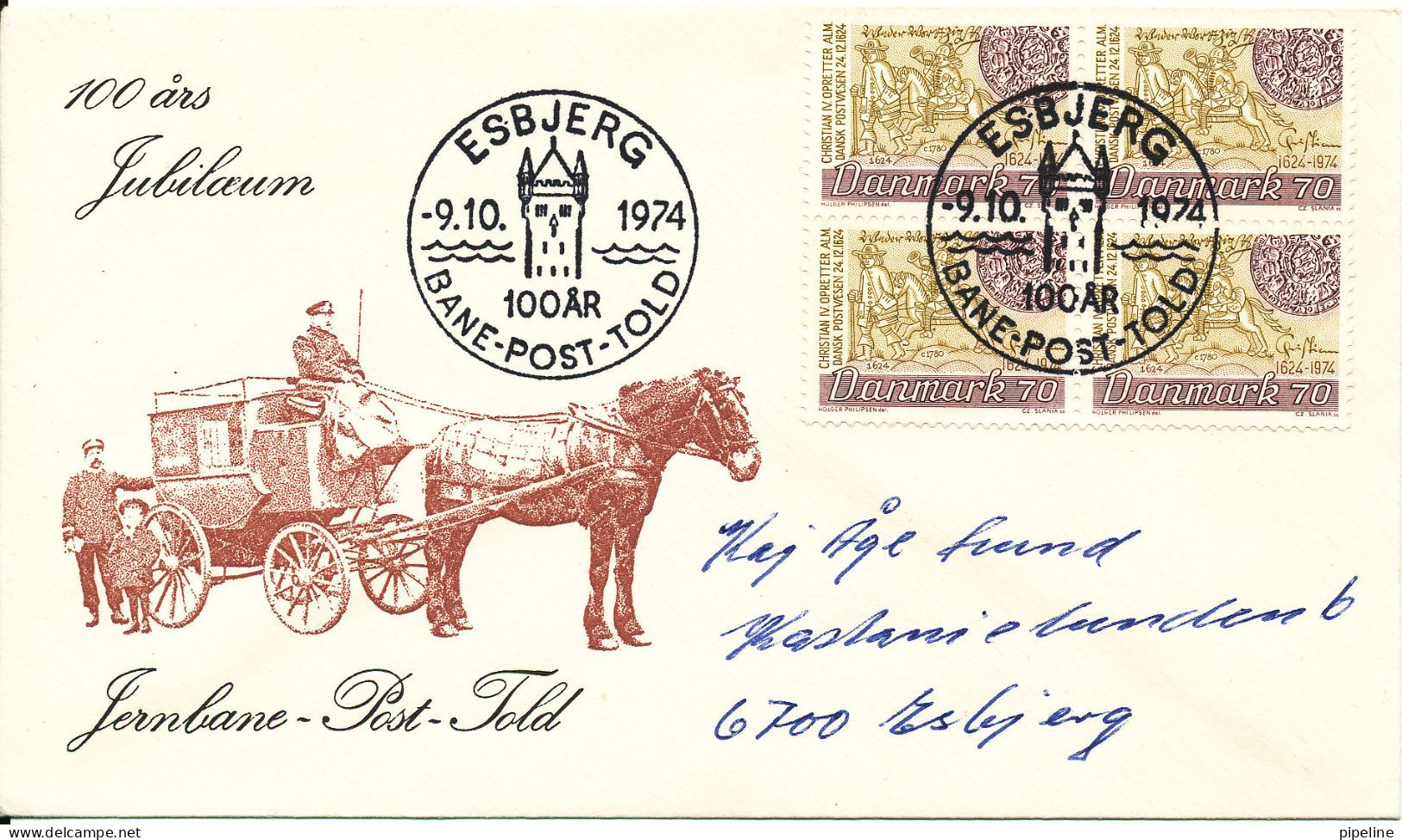 Denmark Cover Esbjerg 9-10-1974 100 Years Anniversary RAILWAY - POST - CUSTOMS Nice Postmark And Cachet - Covers & Documents