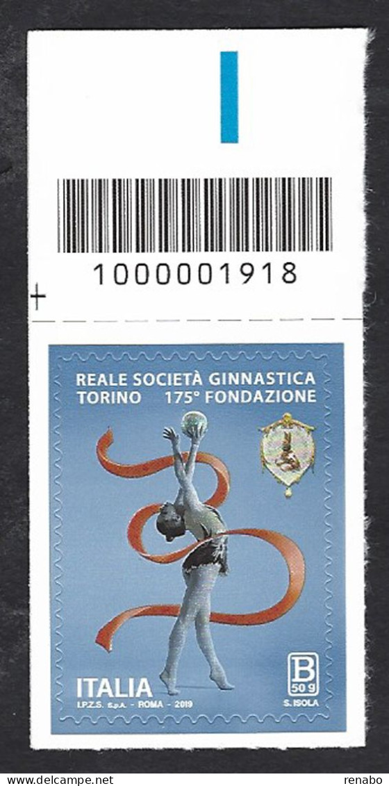Italia 2019; Reale Società Ginnastica Torino Tariffa B-50g, Ginnasta Con Palla E Nastro; Francobollo A Barre Superiori. - Code-barres