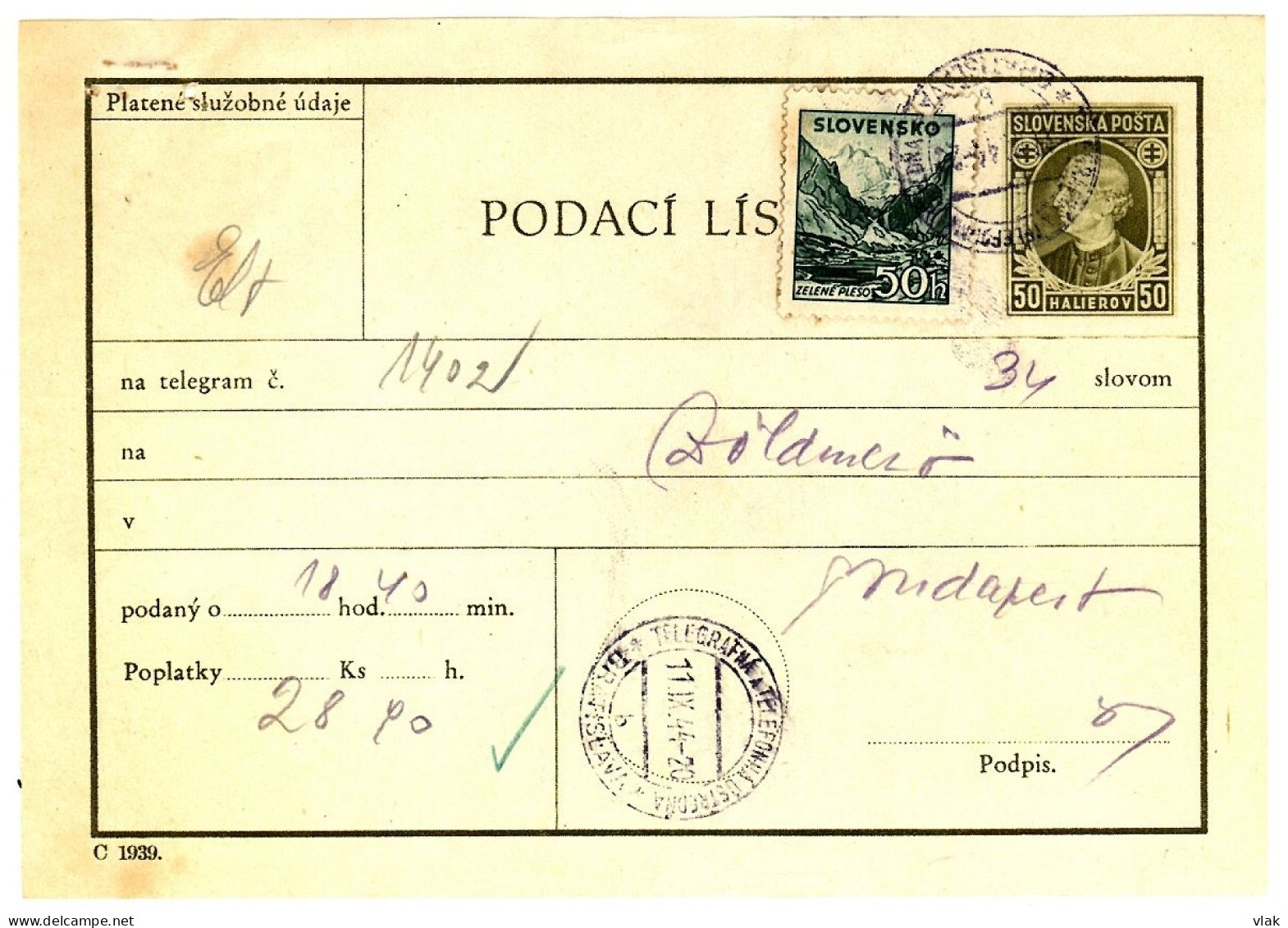 Slovakia Telegram Receipt With Additional Franking - Briefe U. Dokumente