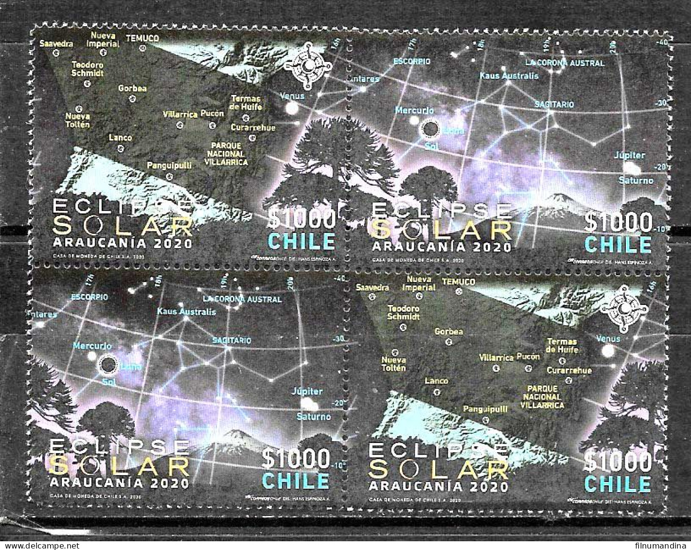 #2593A CHILE 2020 ASTRONOMY SOLAR ECLIPSE AT ARAUCANIA BLOC OF 4 YV 2166-7 MNH - Chili