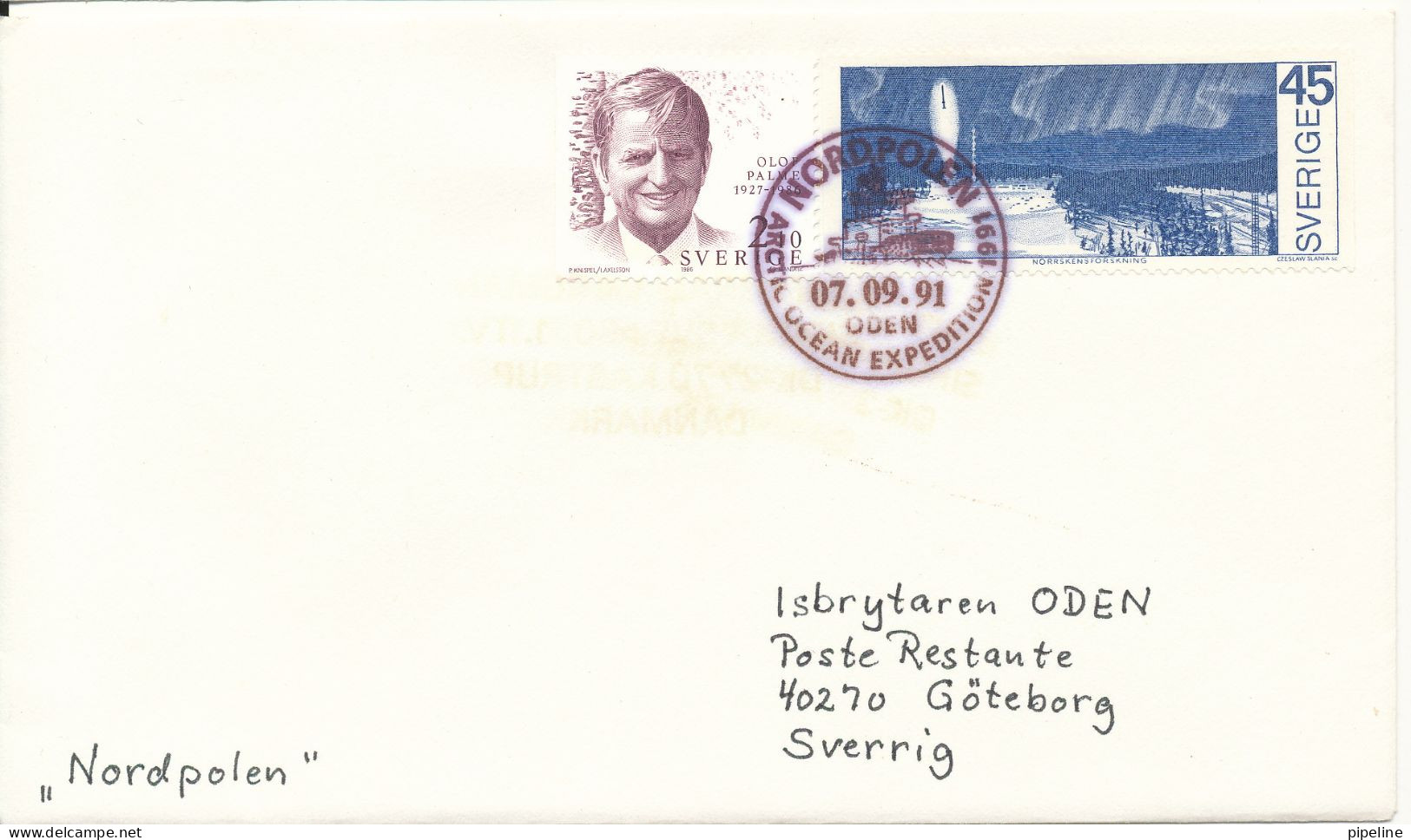 Sweden Cover Icebreaker ODEN Artic Ocean Expedition Nordpolen 7-9-1991 - Storia Postale