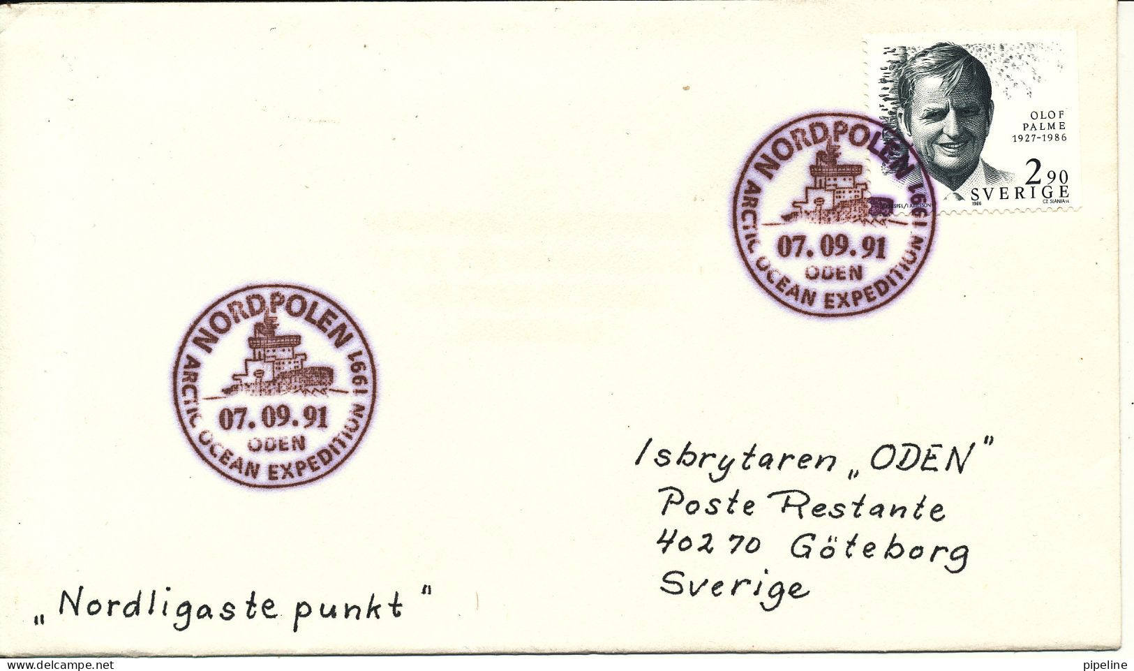 Sweden Cover Icebreaker ODEN Artic Ocean Expedition Nordpolen 7-9-1991 - Lettres & Documents