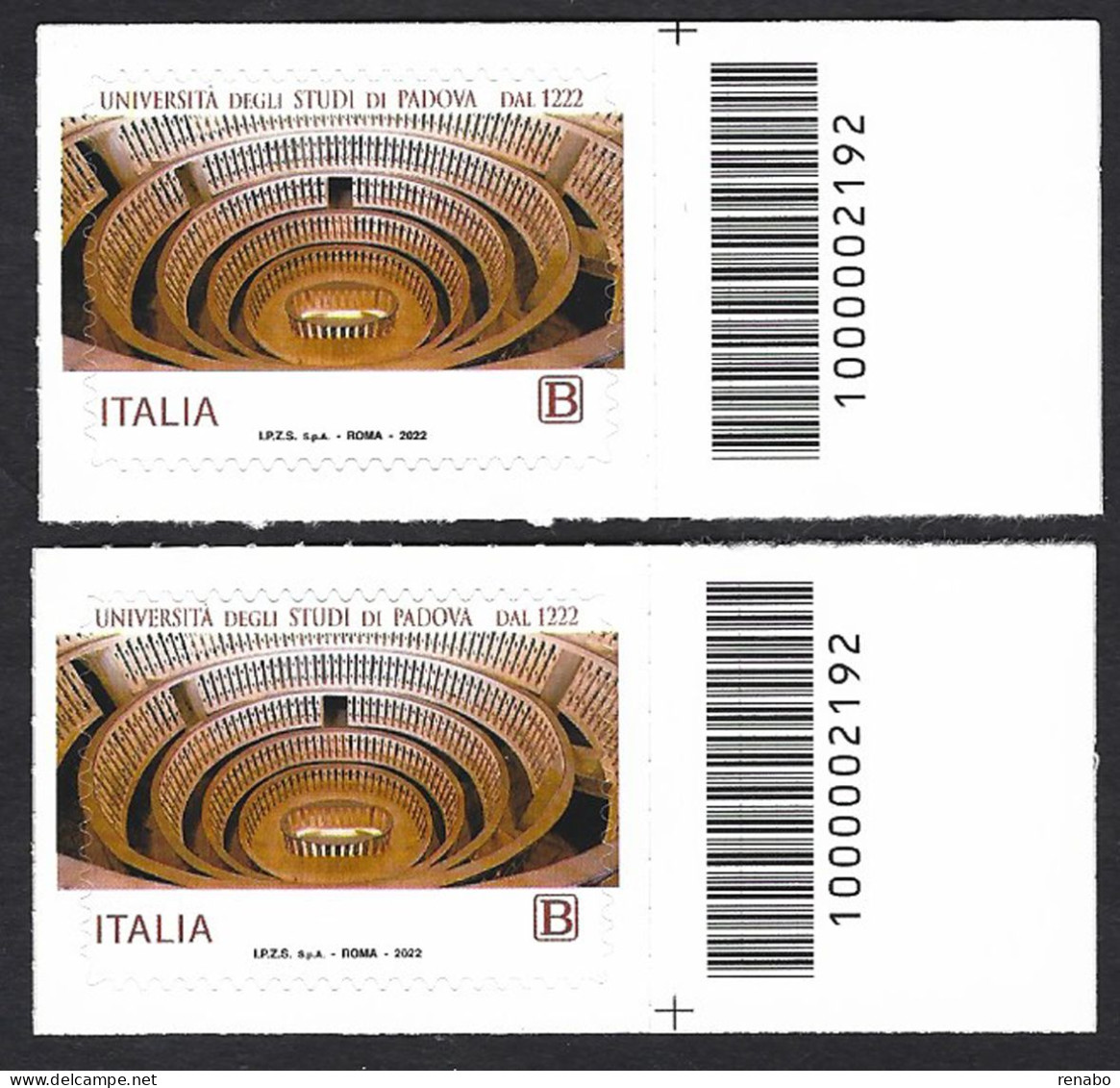 Italia 2022; 800° Università Di Padova, Teatro Anatomico: 2 Francobolli A Barre Opposte. - Code-barres