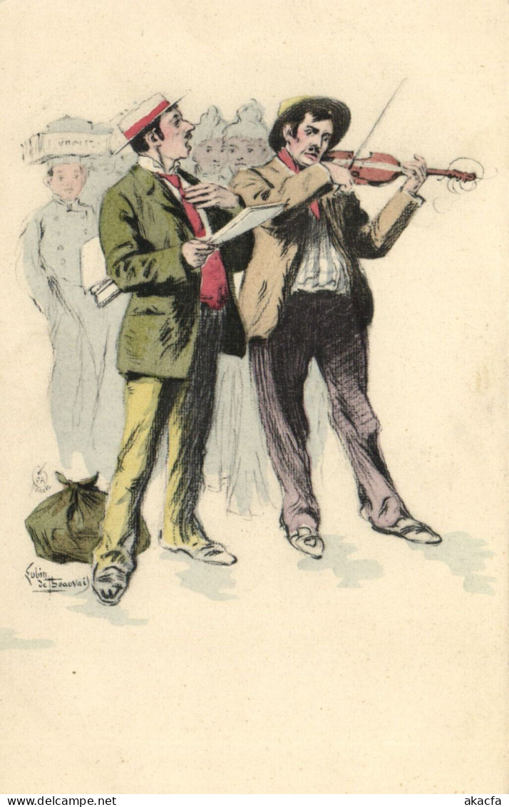 PC ARTIST SIGNED, DE BEAUVAIS, STREET MUSICIANS, Vintage Postcard (b52613) - Wilette