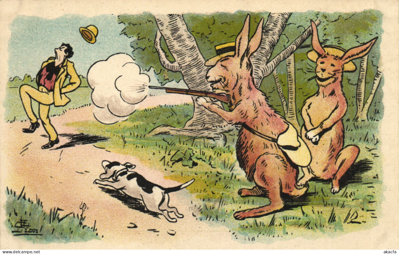 PC ARTIST SIGNED, LION, HUMOR, HUNTING, Vintage Postcard (b52602) - Lion