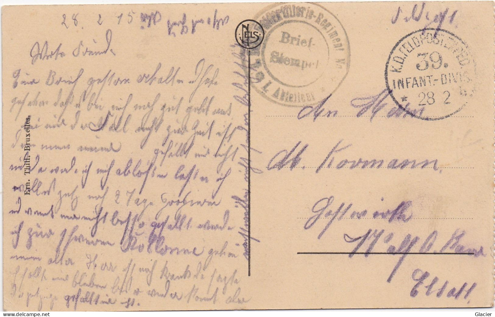 Deutsche Feldpost 1 Weltkrieg - 39 Inf. Div. 28-2-1915 - Karte Ostende - Feldpost (Portofreiheit)