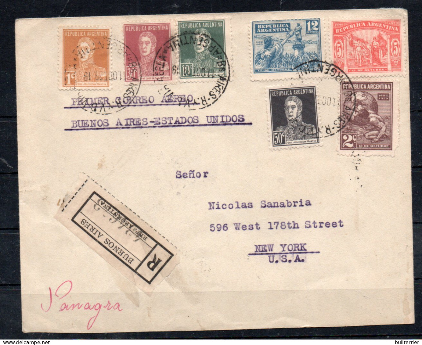 ARGENTINE - 1929  - PANAGRA REGISTERED  AIRMAIL COVER  TO NEW YORK  - Luchtpost