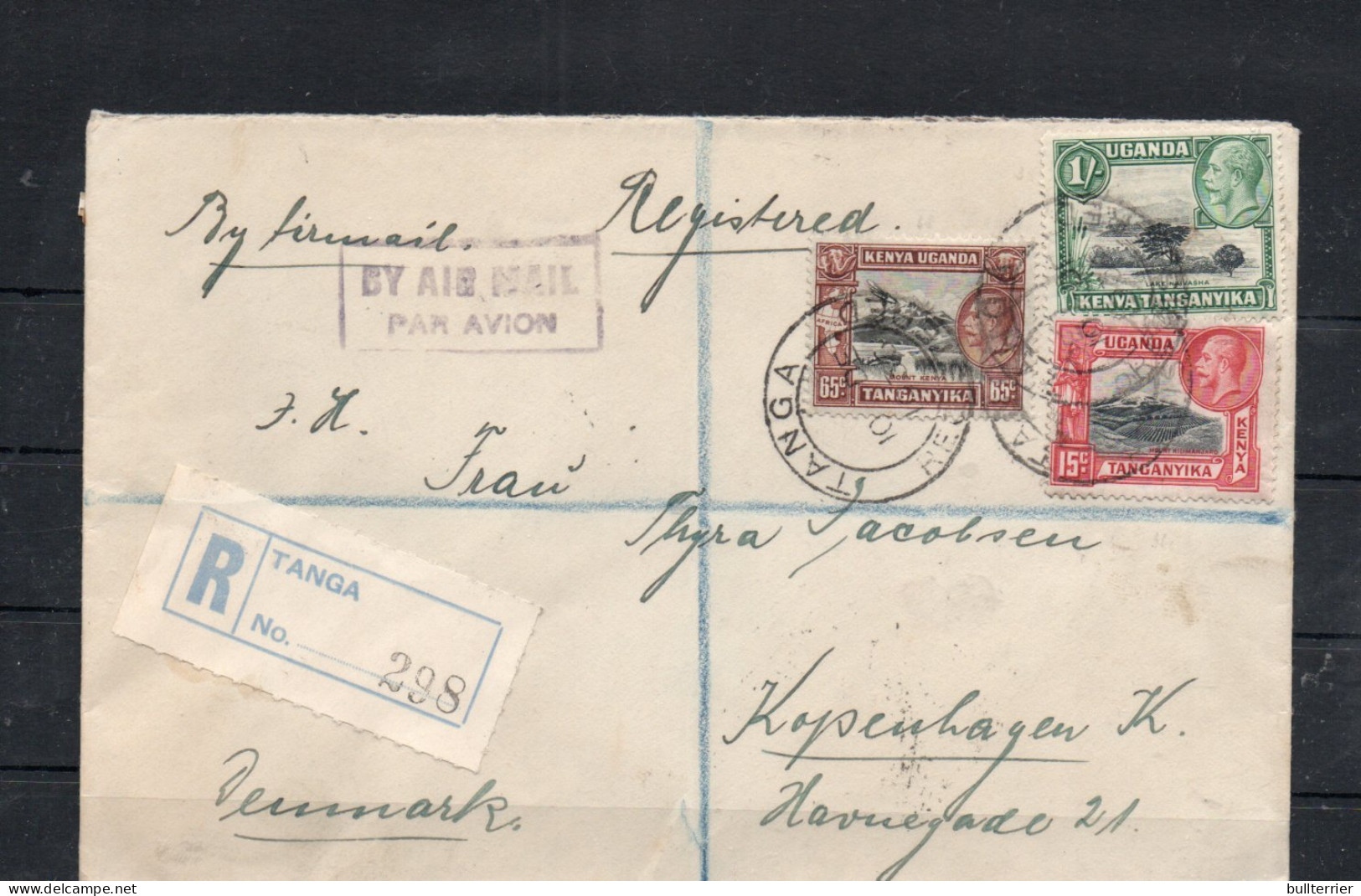 K.U.T -1936  REGISTERED  AIRMAIL COVER TANGA TO KPENHAGEN ,DENMARK WITH  BACKSTAMPS - Kenya, Ouganda & Tanganyika