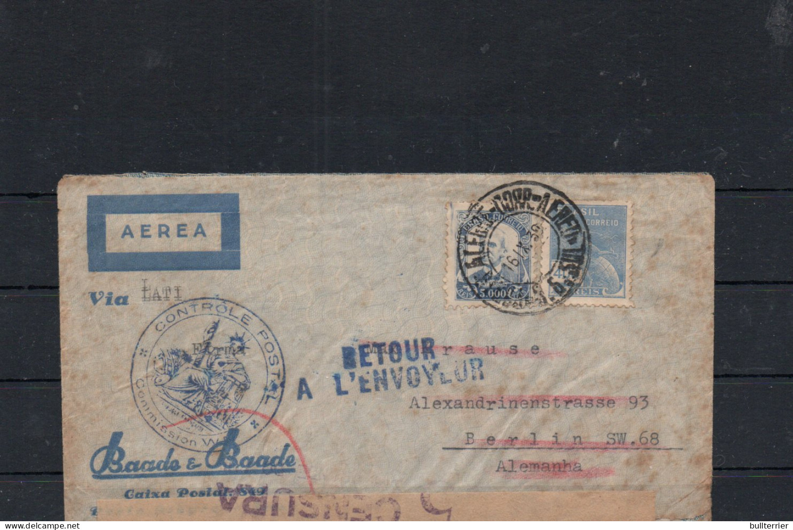 BRAZIL -1939 - CENSORED AIRMAIL COVER TO BELRIN, RETURNED TO SENDER  - Covers & Documents