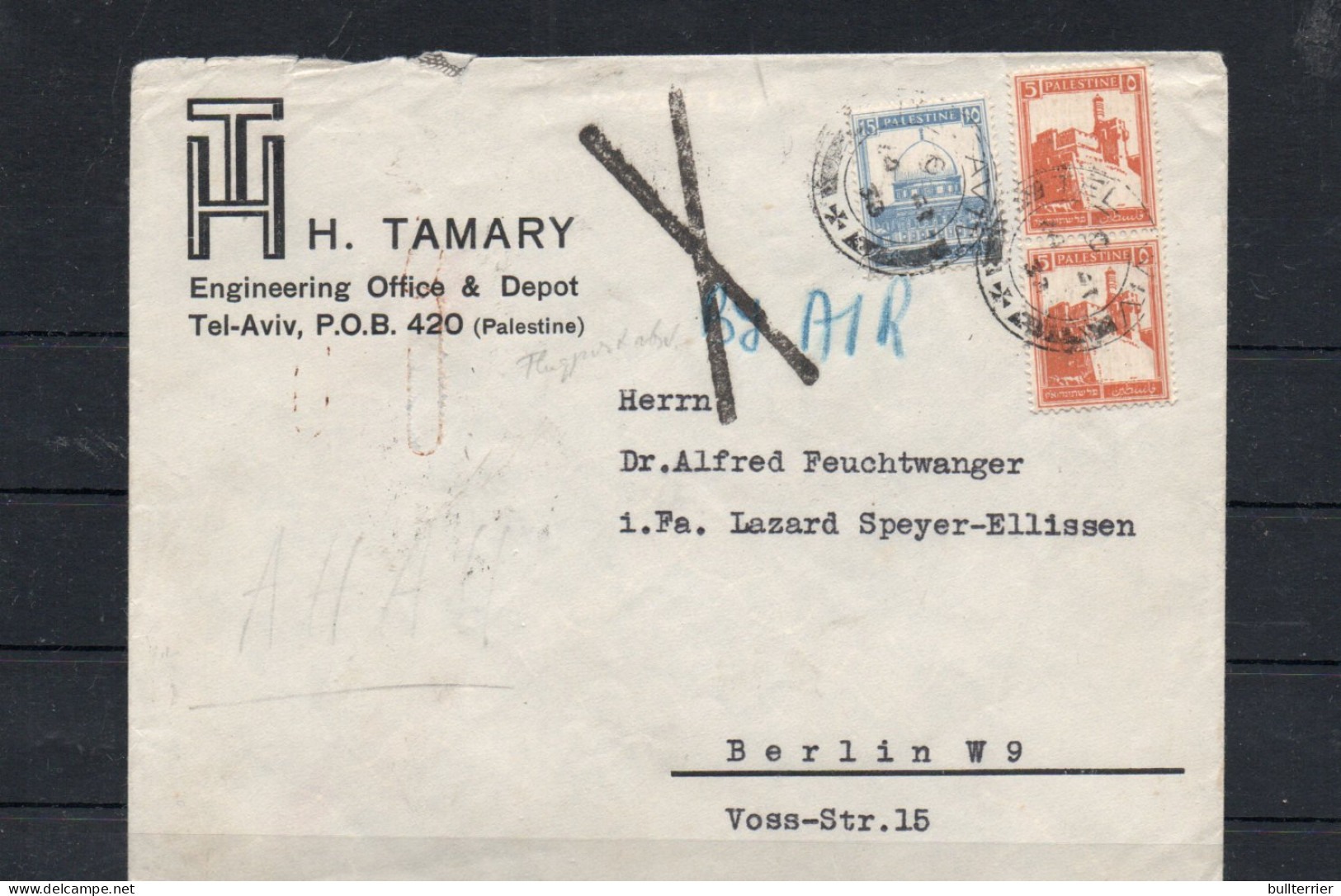 PALESTINE - 1933 -AIRMAIL COVER  TEL AVIV TO BERLIN VIA BRINDISI WITH  BACKSTAMPS - Palestine