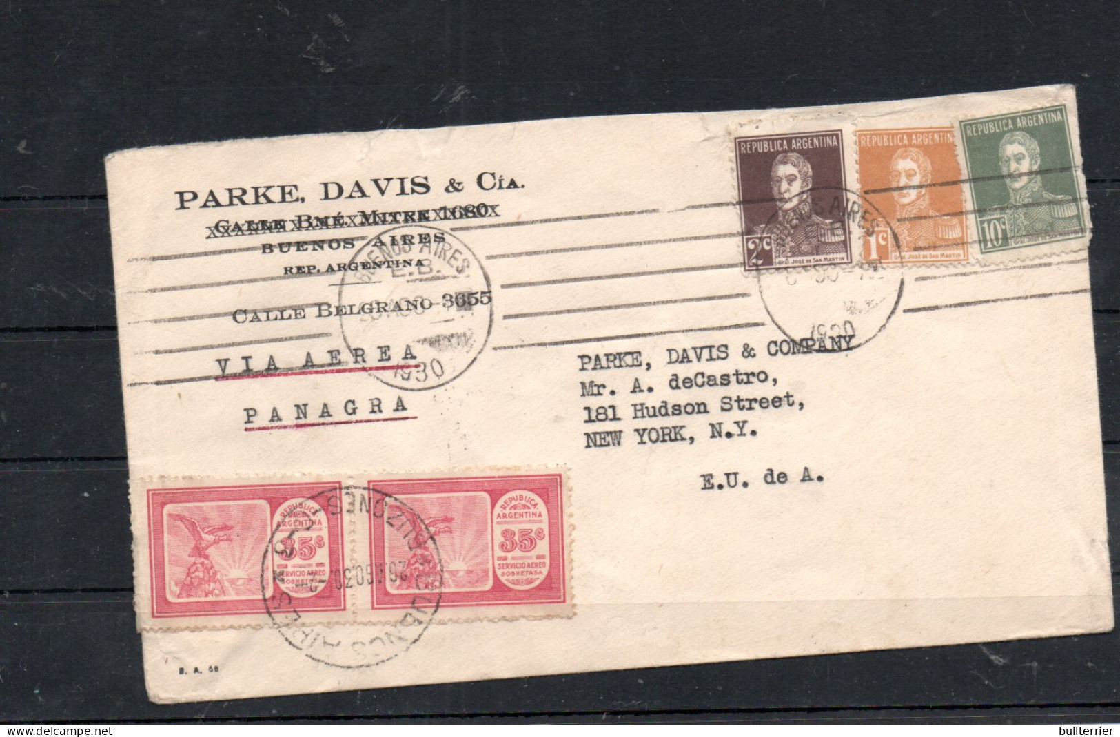 ARGENTINE - 1930 - PANAGRA AIRMAIL COVER  TO NEW YORK  - Posta Aerea