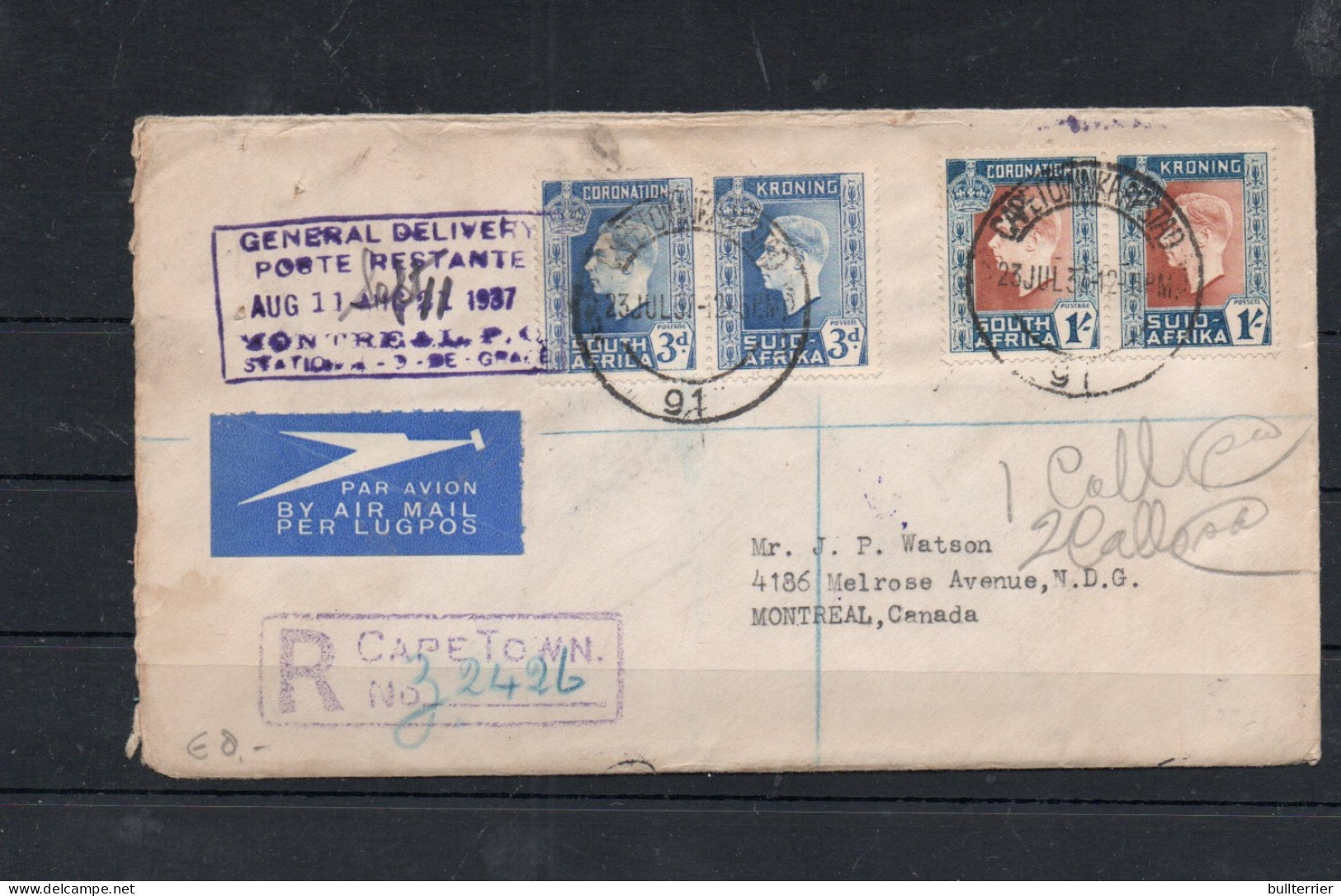 SOUTH AFRICA - 1937 - REG AIRMAIL COVER  CAPETOWN TO MONTREAL CANADA  WITH BACKSTAMPS - Unclassified