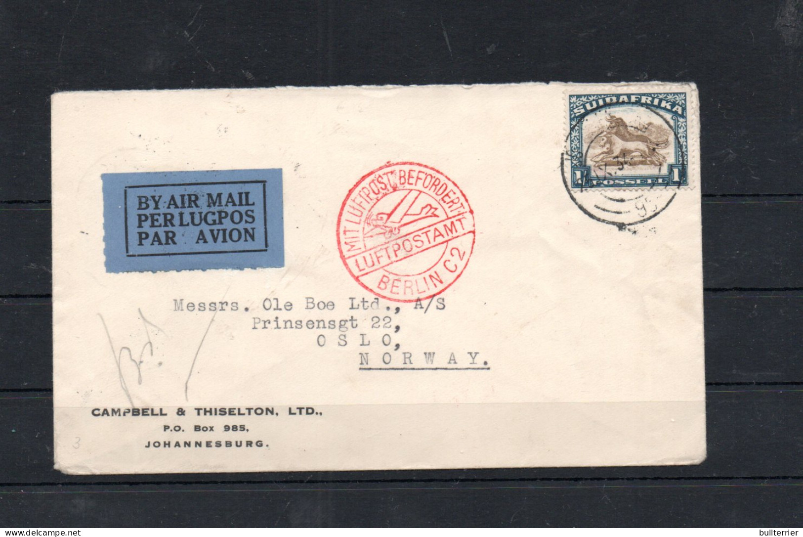 SOUTH AFRICA - 1934 - AIRMAIL COVER  CAPETOWN TO NORWAY VIA BERLIN  WITH BACKSTAMPS - Unclassified