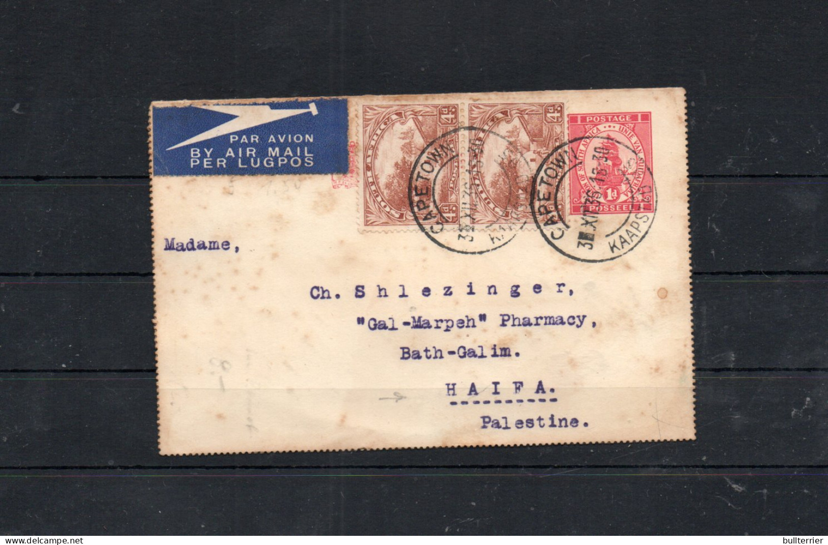 SOUTH AFRICA - 1936 - AIRMAIL CARD CAPETOWN TO HAIFA,PALESTINE   WITH BACKSTAMPS - Cartas & Documentos