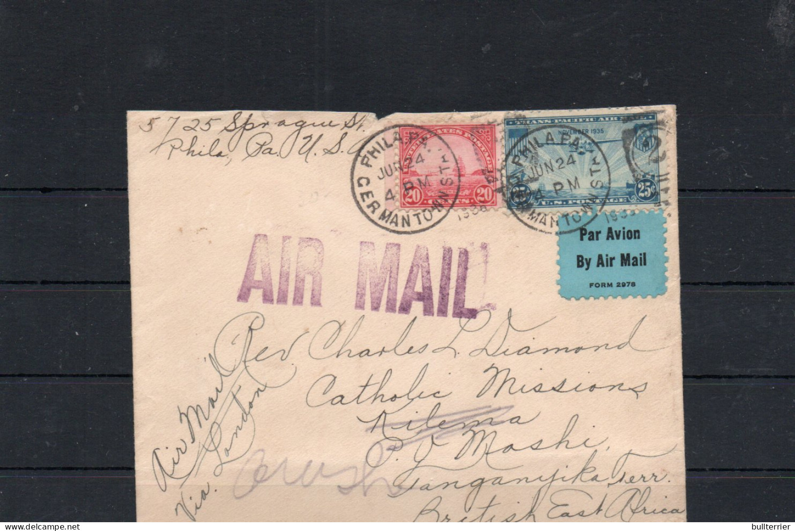 USA . 1936 - AIRMAIL COVER GERMANTOWN TO TANGANYIKA, VIA LONDON   WITH BACKSTAMPS - Cartas & Documentos